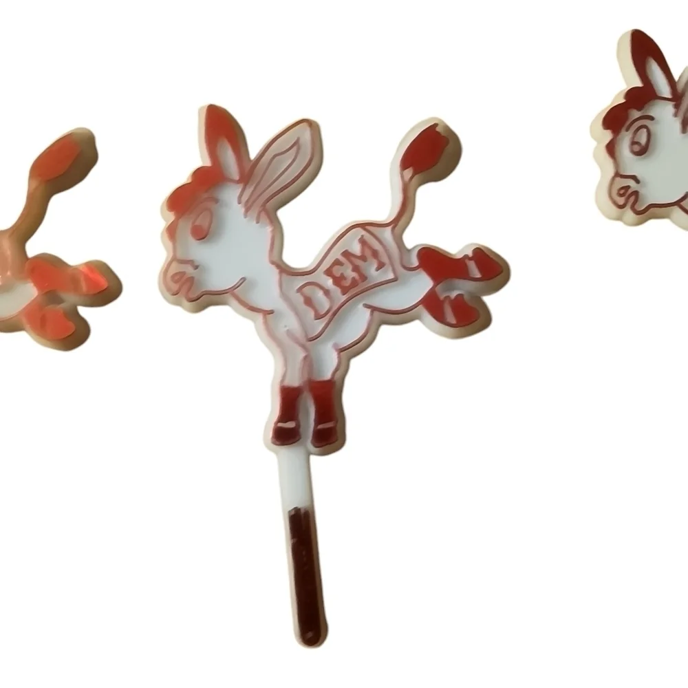 Lot Of 4 Vintage Political Democrat Donkey Plastic Picks Cupcake Topper Red Blue